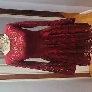 Free People Red Burgundy Wine Lace Long Sleeve Dress. Size Small